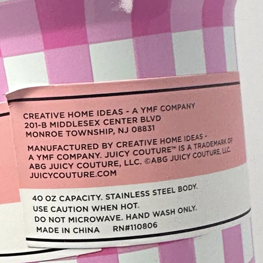 Juicy Couture Pink Gingham Cherry 40oz Tumbler w Handle Straw Stainless Steel